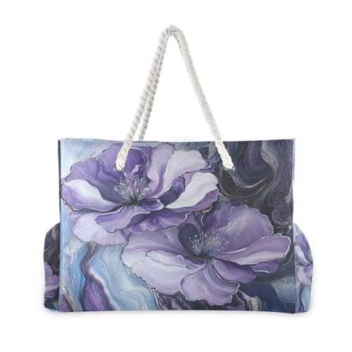 Purple Marble Flowers Beach Bag & Travel Tote Bag Large Sandproof with Zipper Closure, Wet Pouch for Swim Gym Travel, Lightweight Foldable Outdoor Bag2
