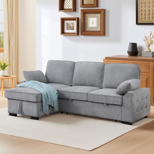 ERYE L-Shaped Pull Out Sleeper Couch Bed, Modern Chenille Upholstered Button Tufted Corner Couch Reversible Sectional Sleeper Sofa Bed W/Storage Chaise, Cup Holders by ERYE - Image 2