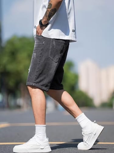 Image of GRECIILOOKS Denim Shorts for Men Stylish | Casual Knee Length Washed Jorts | Regular Fit Jeans Half Pant for Men with Distressed Design | Bermuda Mens Shorts for Summer Travel Streetwear