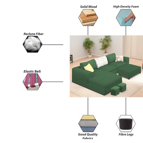 Image of Koza LHS 4 Seater L Shape Sofa Set with Center Table for Living Room (Green Fabric) Premium Fabric Sofa