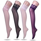 Ruzishun Women's Lace Thigh High Silk Stockings (4 Pairs)