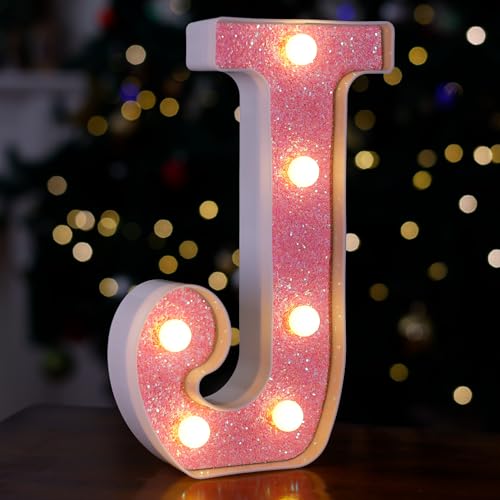 Image of LED Letter Lights Pink Glitter Marquee Letters Light Up Alphabet Letters Sign Battery Powered for Home Party Decoration Night Bar Wedding Birthday Christmas Lamp Girls Gift - Letter J