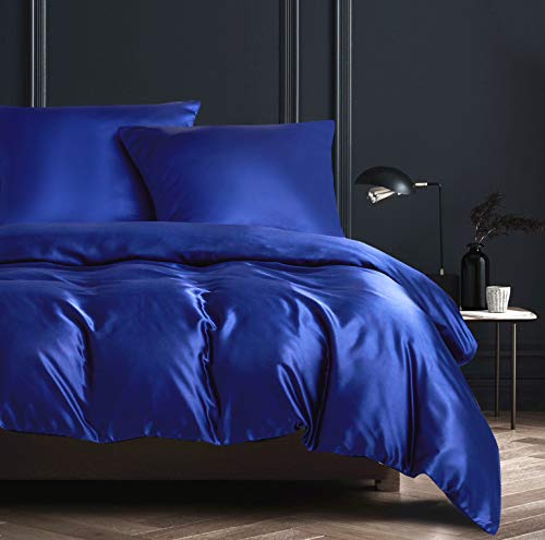 YASMENG Housse de Couette Satin 220x240 Bleu Uni Brillant Deluxe Parure de Lit Satin Doux Lisse...