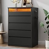 Jocoevol Larger Black 5 Drawer Dresser for Bedroom with LED Light, Modern Chest of Drawers with Hidden Handles, Tall Wooden Dresser Closet for Living Room, Entryway, Hallway - Black