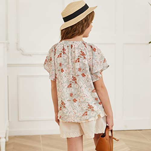 Blibean Girl Summer Blouse Short Sleeve Shirts Tween Kids Ruffle Tops Spring Boho Flower Clothes Floral Clothing Size 12-13 Years Xx-Large Green #TOP2