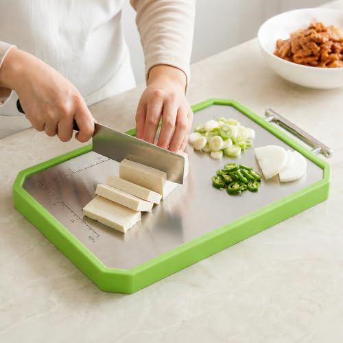 Image of E-COSMOS 2 in 1 Stainless Steel Cutting Board with Green Border and Handle, Measurement Scale Chopping Board for Vegetables, Fruits, Paneer and Meat, Easy-Clean Kitchen Prep Board, (34L X 21W)