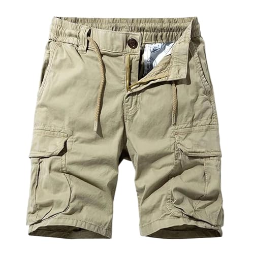 Men's Summer Solid Cotton Cargo Shorts Fashion Casual Multi-Pocket Elastic Waist Running Shorts