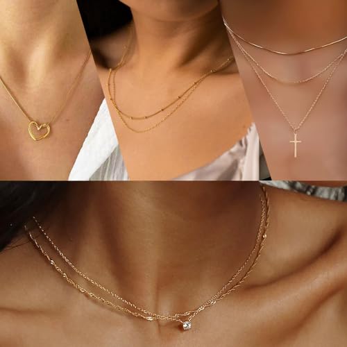 Myofeng 16Pcs Gold Necklaces Set for Women 14k Gold Plated Dainty Trendy Pendant Chain Choker Pack Multilayer Necklace Set for Women Adjustable Jewelry Gift3