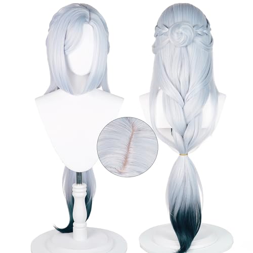 maysuwell Anime Silver Gray gradient Dark Green Wigs Women's Long Straight Hair with Buns Chinese Ancient-style Wigs Game Frostflower Dew Cosplay Wig Halloween,Christmas,Comic con,Stage Show,Party
