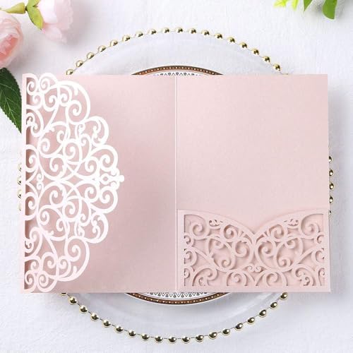 Pochettes d'invitation de mariage rose pâle PONATIA avec enveloppes | Lot de 20 pièces