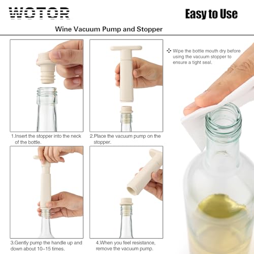 Image of WOTOR Wine Saver Vacuum Pump with 8 Stoppers, Wine Stopper & Preserver, Reusable Bottle Sealer Keeps Fresh, Ideal Accessories Gift, Flat Handle (Cream)