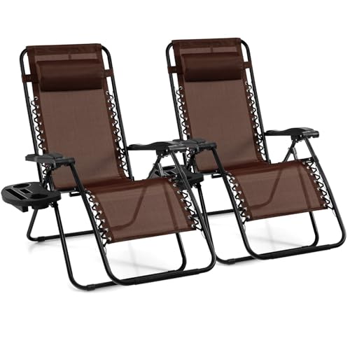 Costway Patio Zero Gravity Lounge Chair, Outdoor Folding Recliner Lounge Chair with Cup Holder & Removable Pillow, Adjustable Recliner for Backyard, Garden, Poolside (2-pcs, Coffee)