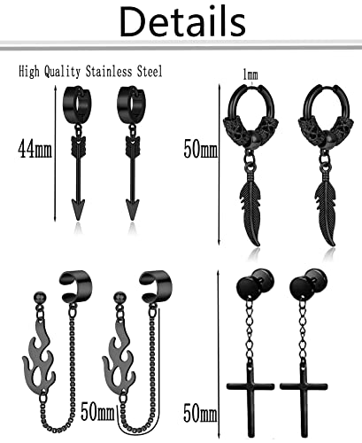 Ofeiyaa 12 Pairs Stainless Steel Classic Cross Dangle Earrings For Men Punk Gothic Long Chain Piercing Drop Earring Set Hinged Hoop Huggies Earring Jewelry Gift Silver Black Tone #TOP1