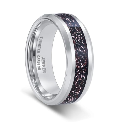 JEWPER Tungsten Rings for Men 8mm Black/Silver/Gold Fashion Promise Wedding Band Hammered Groove Meteorite Orbo Carbide Beveled Polished Edge Comfort Fit(12)
