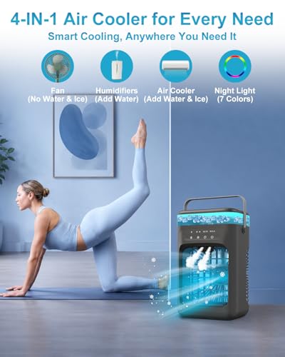Portable Air Conditioner, 4-in-1 Evaporative Air Cooler, Personal Cooling Fan with 3 Speeds, 2 Mist Modes, 7 LED Night Light, 2-4H Timer, Quiet Mini Air Cooler for Bedroom Office Camping — view 2