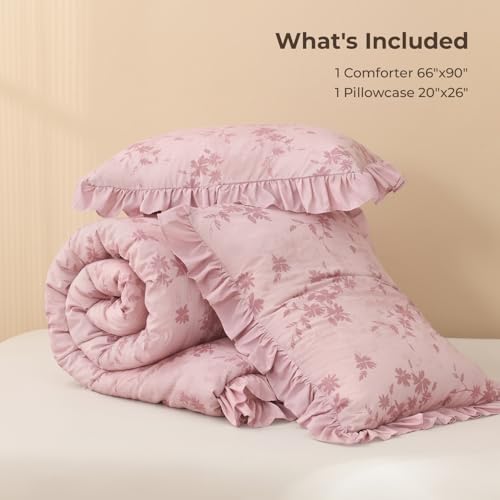 Image of Litanika Grey Pink Twin Comforter Sets, 2 Pieces Ruffle Floral Farmhouse Bedding Comforter Sets, All Season Soft Lightweight Fluffy Microfiber Bed Set(66x90In Comforter, 1 Pillowcase)