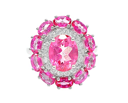 Natural 10X8 Mm Oval Cut Pink Topaz Gemstone 925 Sterling Silver November Birthstone Cluster Ring Wedding Jewelry Bridal Ring Birthday Gift For Her (Rhodium Plated Silver, 8.5) #TOP4