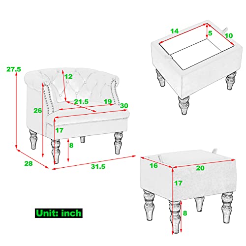 White Teddy Chesterfield Sofa With Chair And Footrest, 80'' Modern Tufted 3 Seater Couch With Scroll Arms And Wood Legs,2-Piece Tufted Couches For Living Room,Office, Apartment #TOP2