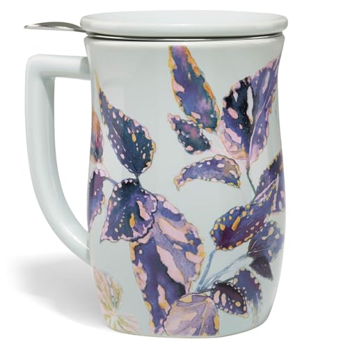 Tea Forte Taza de cerámica Fiore con asa, cesta infusora extraíble de acero inoxidable y tapa, para preparar té de hojas sueltas de 14 onzas, apto para lavavajillas y microondas, Demoiselle