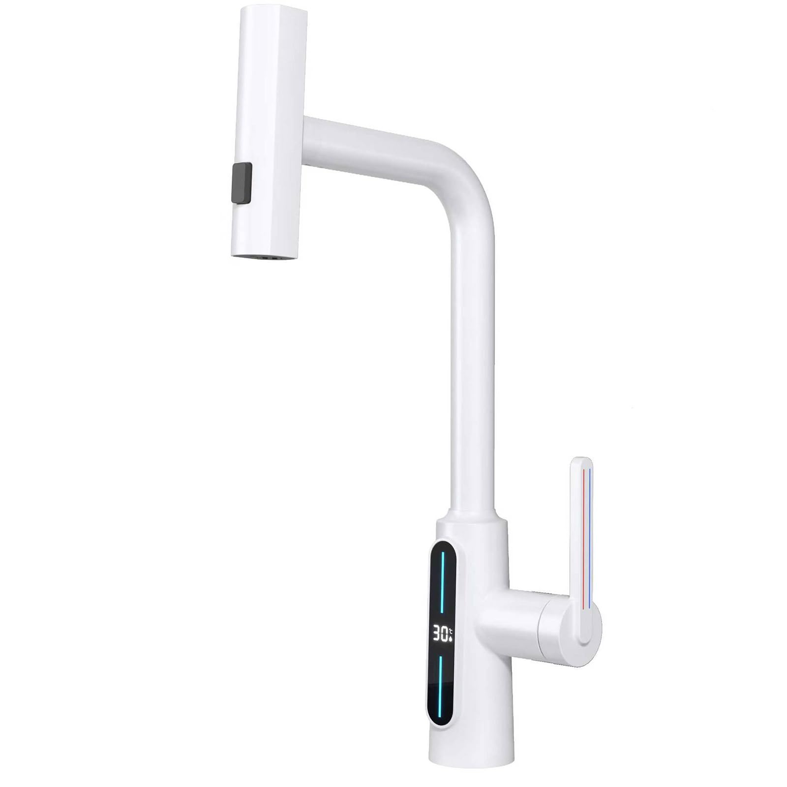 Lejdi LED Temperature Display Kitchen Sink Faucet, Kitchen Faucet with Pull Down Sprayer, Waterfall Rainfall Single Handle, White
