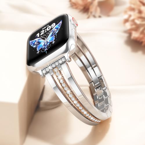 Image of AIRSPO Slim Gold Band Compatible with Apple Watch 38 /40 /41 /42 /44 /45 /46mm Women Metal Dressy Jewelry Bracelet with Bling Diamond for iWatch Series 10-3 /SE (Gold and Silver, 42 /44 /45 /49 /46mm(Series 10))