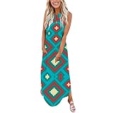 Mujeres Casual Impresión Vestido de Verano Suelto Vestido Largo Entrecruzado sin Mangas Dividido Maxi Vestido de Verano Vestido de Playa con Bolsillo Bragas Brasileñas, Azul claro, L