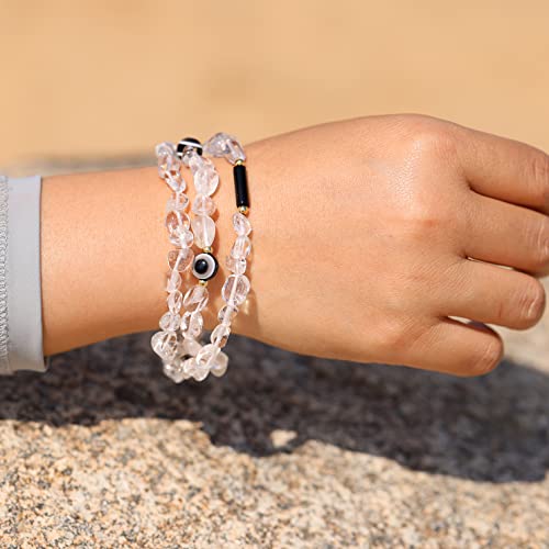 Wizock Clear Quartz/Black Agate/Evil Eye Wrap Bracelets Column Cylinder Tube Bring Good Luck Bracelet For Women Stretch Amulet Protection Relieve Anxiety #TOP5