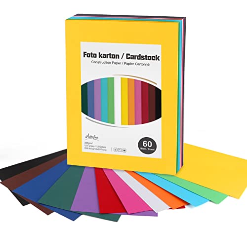 Adorfine 60 Blatt Tonkarton DIN-A4,Bastelkarton bunt 250g/m²,12 Farben Basteln Papier Bogen durchgefärbt Fotokarton zum Basteln, DIY Bogen Kartengestaltung,Verzieren Geschenken Cover