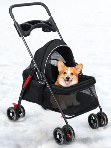 Tazauue 4 Wheels Cat Dog Stroller, One-Click Foldable PetStroller with Cup Holder, Breathable & Visible Mesh, Lightweight Travel Carrier for Medium Small Pets Outdoor Walk 1 Set