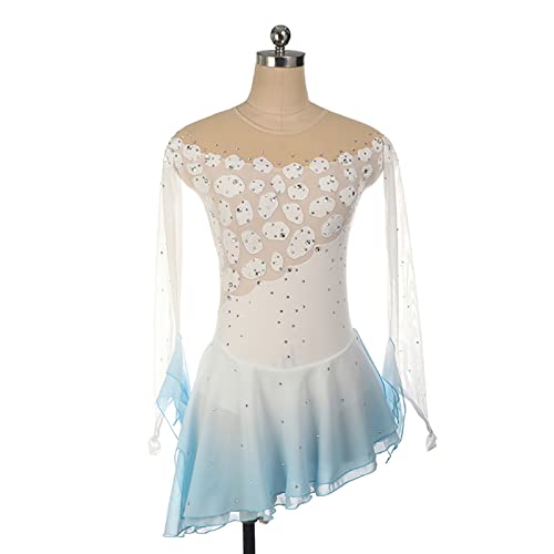 Vestido de patinação artística, strass brilhantes degradê branco e azul Competição de patinação artí