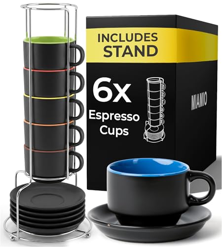 MIAMIO - 75 ml Espresso Cup Set with Saucers Coffee Mug Set of 6 - Ceramic Coffee Mug Stackable Espresso Mug with Stand for Coffee Drinks, Latte, Cafe Mocha - Le Papillon Collection (Mixed)