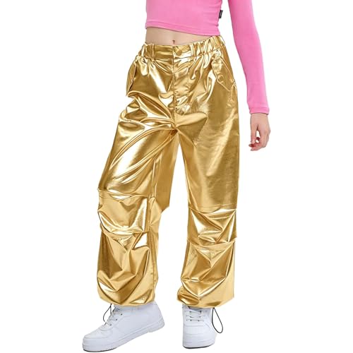 Image of LOLANTA Kids Shiny Metallic Dance Trousers Retro Hip Hop Dance Outfit Loose Fit Cargo Pants Elastic Waist Streetwear, Gold, 10-11 Years, 150