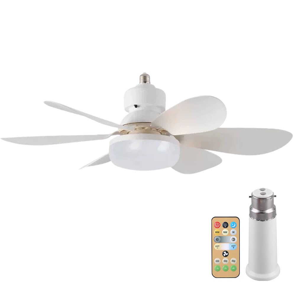 LED Ceiling Fan with Lights and Remote Control,With B22 To E27 Light Lamp Bulb Socket Base Converter,3 Speeds Light Bulb Fan,Timing,6 Blades Fans Lamp for Bedroom,Living Room (White, 40W/52cm)