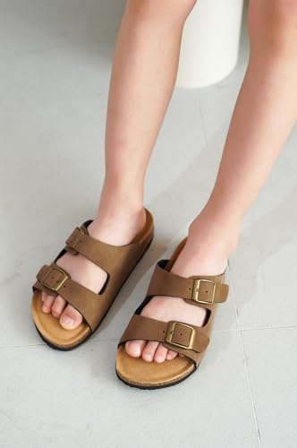 Project Cloud Genuine Leather Slides For Kids - Natural Cork Footbed Summer Sandals Beach Slide Sandals for Girls & Boys - Non-Slip Boys & Girls Sandals (Little Venita, BRWNSUGACT,1)
