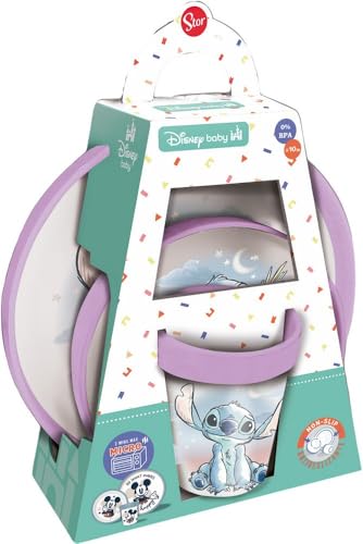Tataway Gift Set 3 Pezzi Antiscivolo Bicolor Stitch – Piattino, Cucchiaio e Tazza in Silicone Alimentare con Base Antiscivolo – Design Disney, Ideale per Svezzamento e Regalo Bimbi