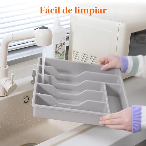 Miniatura 9 de Lifewit Organizador Cubiertos Para Cajon Con Tapa, Caja De Cubiertos Para Cajón De Cocina, Organizador De Cajón De Plástico Para Cuchillos, Tenedores, Cucharas, Bandeja Con 6 Compartimentos, Gris