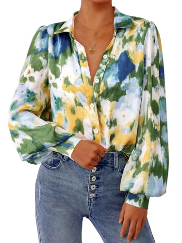 PRETTYGARDEN Women's Floral Blouses Dressy Casual V Neck Button Down Shirts Lantern Long Sleeve Boho Chiffon Fall Tops 2025(Laurel Green,XL)