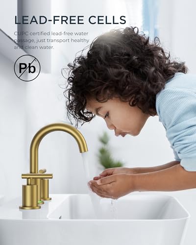 Image of FORIOUS LED Bathroom Faucet Gold, 3 Hole Bathroom Faucet Brushed Gold Widespread with 3 Color Changing Light, Metal Pop Up Drain, CUPC Supply Hose and 360 Swivel Spout, 3 Pieces Wide LED Tap