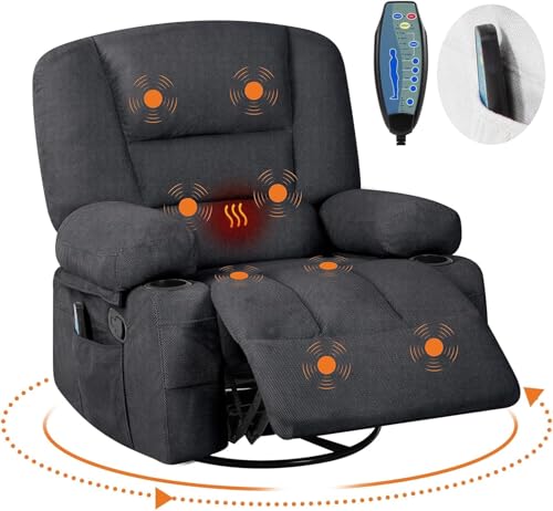 Image of Oversized Manual Swivel Recliner Chair for Adults, 360 Swivel Rocker Glider with Vibration Massage & Heat, Extra Wide Chenille Fabric Lazy Chair for Living Room Bedroom, Black Chenille