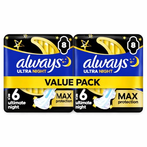 Always Sanitary Towels Ultimate Night with Wings - 16 Pads (Pack of 2 x 8) Overnight Protection for Heavy Flow with Secure Attachment to Prevent Leakage Continuous Dryness During Sleep