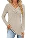 iudam Damen Langarmshirt V Ausschnitt Langarm Oberteil Shirt Elegant Pullover Locker Herbst Basic Tunika T-Shirts Tops Knopf Casual Blusen,Khaki,L