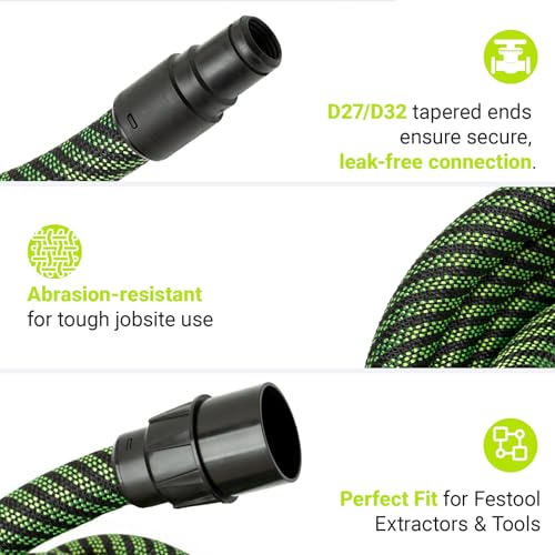 Dust Extractor Hose D27/32 x 5M (16.4 Ft), Compatible with Festool CT 15/25/26/36/48, CT MINI/MIDI Dust Extractors (2019+), Heavy-Duty Vacuum Hose with Reinforced Woven Sleeve, Green by ToolSentryX - Image 4