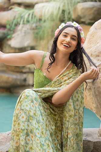 Image of MIRCHI FASHION Women Saree Floral Print Chiffon | Lightweight Festive Occasion Sari for Farewell and Functions with Unstitched Blouse Piece