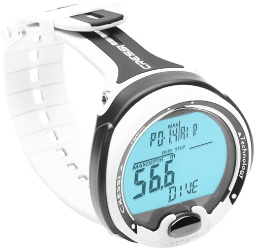 Cressi Leonardo 2.0 white and black dive computer on a wrist showing a backlit display