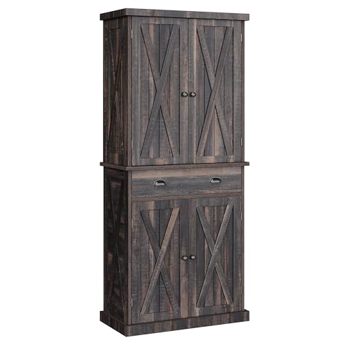 DWVO 72'' Farmhouse Kitchen Pantry, Rustic Wood Kitchen Storage Cabinets with Adjustable Shelves & Drawer, Tall Freestanding Cupboard for Dining Room, Living Room, Dark Gray