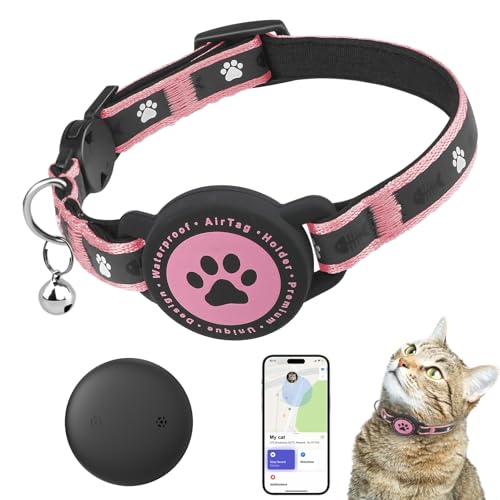Cat Tracker - Real Time GPS Tracker for Cats - No Monthly Fee - Works with Apple Find My (Only iOS) - Reflective Cat Collar - GPS Tracking Device with Pink Cat Collar (1 Pack)