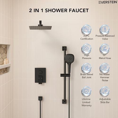 Sistema de ducha de lluvia cuadrada, juego de grifería con cabezal de ducha de alta presión de 10" y ducha de mano con barra deslizante, Negro Mate miniatura 2