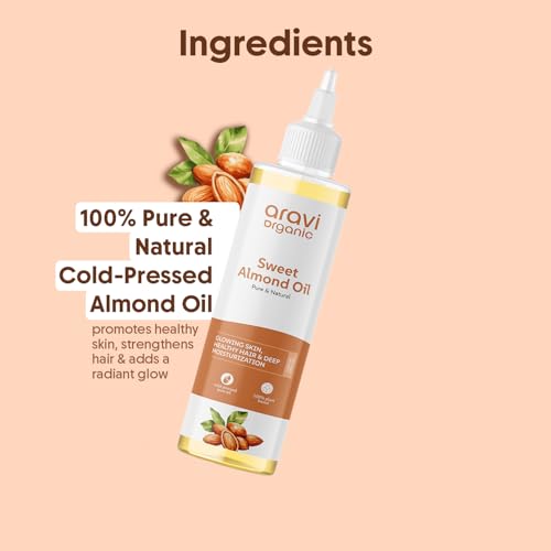 Image of Aravi Organic 100% Pure Cold Pressed Almond Oil - For Hair Growth, Skin Care and Moisturising - 200 ml