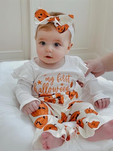 My First Halloween Outfit Newborn Baby Girl Outfits Pumpkin Long Sleeve Ribbed Romper Flare Pant Headband 3Pcs2