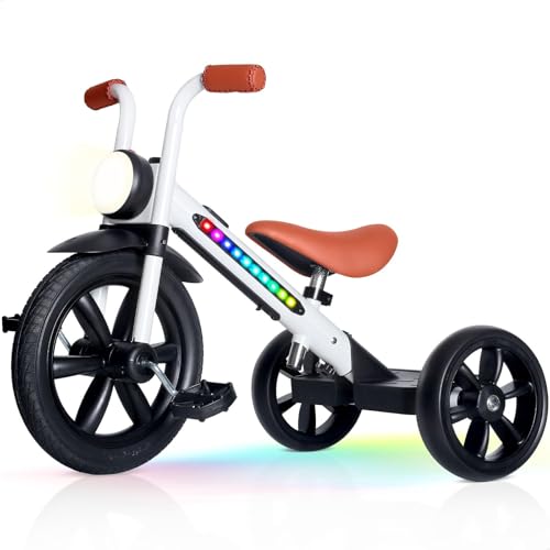 Image of KRIDDO Kids Tricycle, 12 Inch Puncture Free Wheel w Front Light, Adjustable Seat Height, Gift for 2-5 Year Olds, WhiteLED